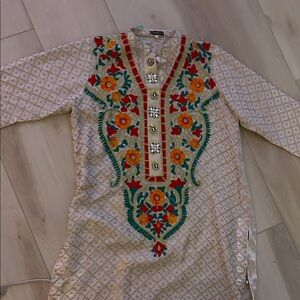 Embroidered Neutral Kurta with Colorful Floral Motif
